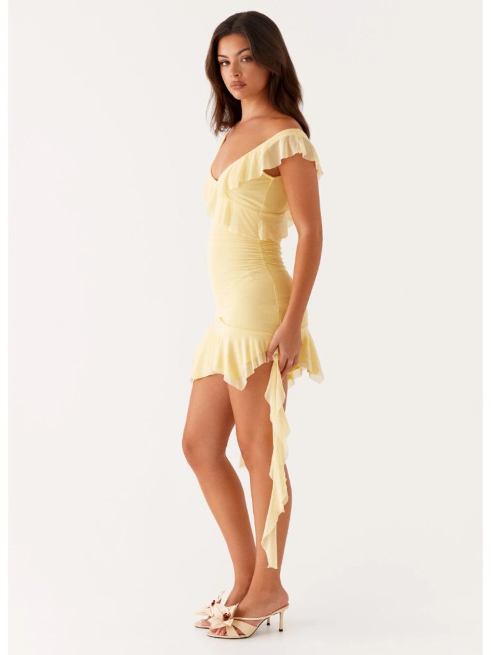 Peppermayo Shona Mini Dress Yellow US 4 Small Ruffle Asymmetric Butter Yellow - Picture 3 of 16